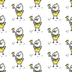The chick looks at the flower. Funny bird on a white background. Seamless vector pattern.