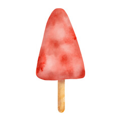 Watercolor red popsicle. Hand drawn watermelon ice cream pop isolated on white background. Summer frozen dessert on stick. Fruit ice lolly sketch, strawberry paleta illustration. Berry food painting.