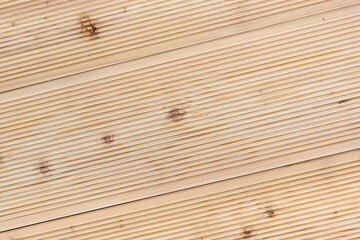 Wooden special larch floor for exterior, patio as pattern or background. Diagonal. View from above. Copy space.