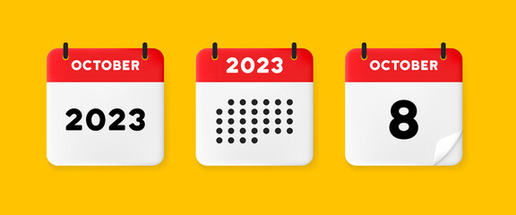 Calendar set icon. Calendar on a yellow background with eight october, 2023, 8 number text. Reminder. Date management concept. Vector line icon for Business and Advertising