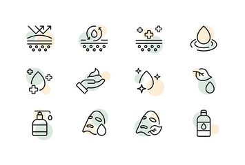 Skin care routine set icon. Healing, caring, water drop, liquid, moisturizer, hand, cream, face mask, leaf, eco. Cosmetics concept. Vector line icon for Business and Advertising