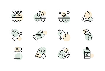 Skin care routine set icon. Healing, caring, water drop, liquid, moisturizer, hand, cream, face mask, leaf, eco. Cosmetics concept. Vector line icon for Business and Advertising