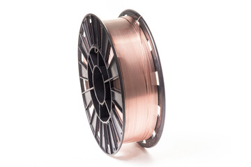 copper welding wire in a black plastic coil, on a white background