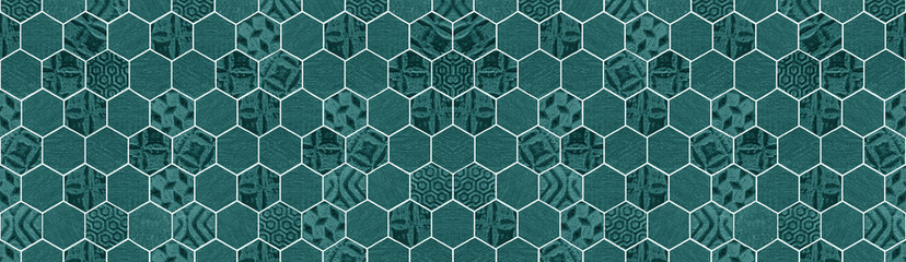 Abstract green turquoise seamless concrete cement stone mosaic tiles, tile mirror wall made of hexagonal geometric hexagon motif print texture background banner panorama..