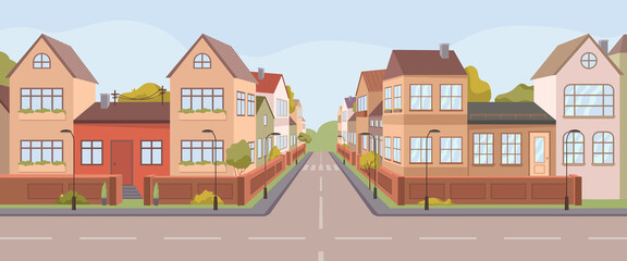 Houses and buildings on suburban area, street of district or city center. Residential constructions and fences and yards, neighbourhood and apartments for living. Vector in flat style