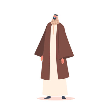 Mature Muslim Male Character Wearing Traditional Dress Isolated on White Background. Arab Man in National Clothes