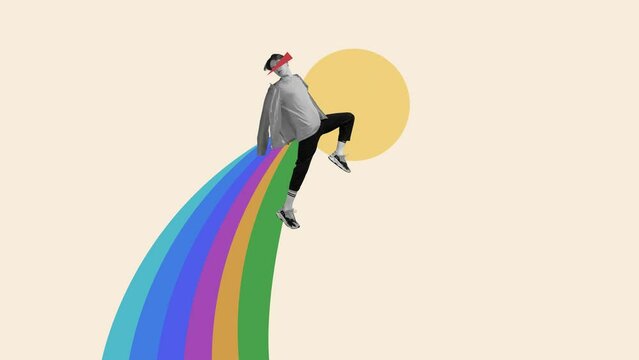 Inspiration, idea, trendy urban magazine style. Young man flying on rainbow dancing isolated on yellow neon background. Surrealism. Stop motion and 2D animation