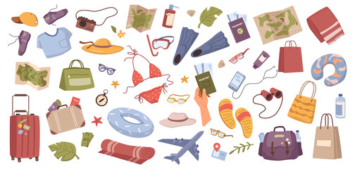 Traveling collection, isolated camera and map, clothes and accessories needed in trip. Baggage and pillow, hat and towel, bags and mat for sleeping and camping. Vector tourist set in flat style
