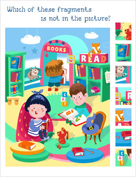 Find hidden fragments. Game for children. Cute children read books. Vector illustrations, full color. 