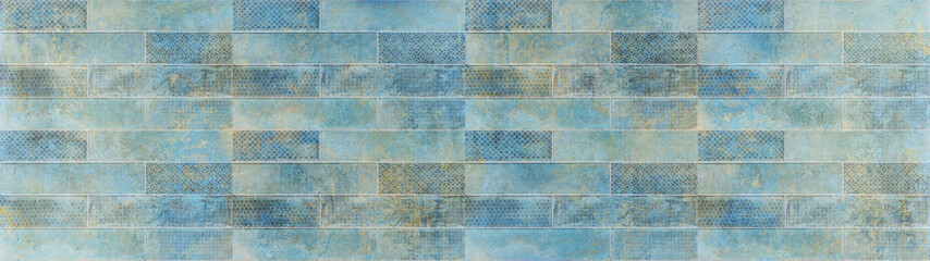 Old blue turquoise aquamarine colored vintage worn geometric shabby mosaic ornate patchwork motif...