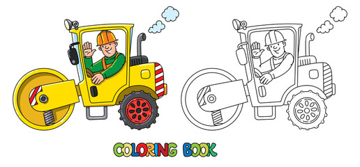 Asphalt compactor with a driver. Coloring book