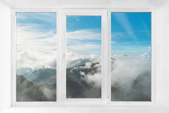 Inside View Of The Trapezoid-shaped Attic Window - Idyllic Landscape Outside The Window - Sky