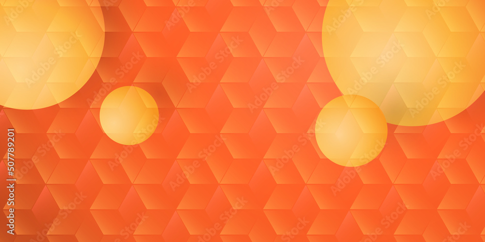 Poster orange balls, spheres of various sizes on 3d cubes grid patterned surface - minimalist editable abst