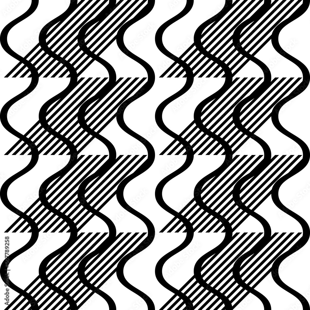 Poster Modern abstract geometric contemporary vector seamless diagonal pattern with simple elements and shapes. Graphic black and white minimalist background.