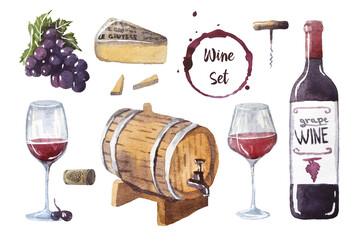 Set with a bottle of red wine and a two glasses and round wine stains. Watercolor hand drawn illustration