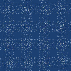 Indigo tie dye shibori vector seamless pattern. Minimalist geometric oriental endless tile repeat in navy blue and white. Organic texture. Japanese traditional print.	