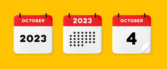 Calendar set icon. Calendar on a yellow background with four october, 2023, 4 number text. Reminder. Date management concept. Vector line icon for Business and Advertising