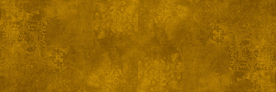 Old yellow vintage worn geometric shabby arabesque mosaic ornate patchwork motif porcelain stoneware tiles stone concrete cement wall texture background banner paanorama