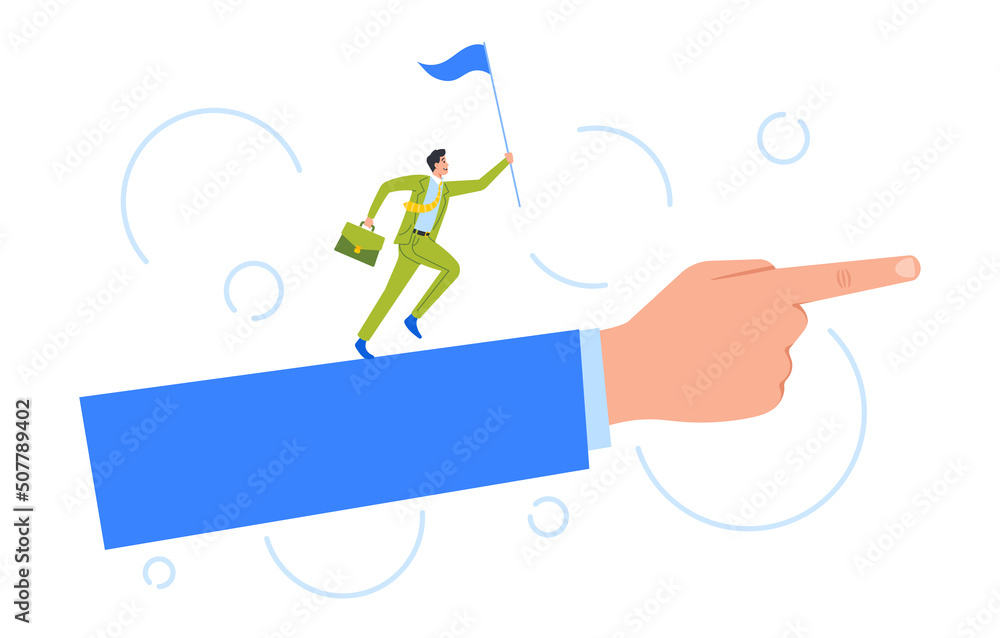 Poster businessman with flag and briefcase in hands run by huge hand with index finger showing direction. s