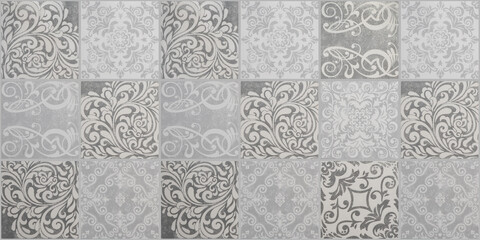 Old gray grey white vintage worn geometric shabby mosaic ornate patchwork floral motif porcelain...