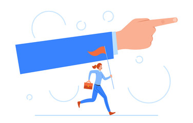 Successful Business Woman with Flag and Briefcase Run with Hand Show Direction with Index Finger. Business Character