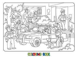 Police station, car and officers. Coloring book