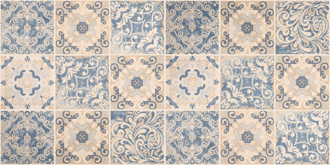 Old blue beige vintage worn geometric shabby mosaic ornate patchwork motif porcelain stoneware tiles,  square stone concrete cement tile mirror wall texture background