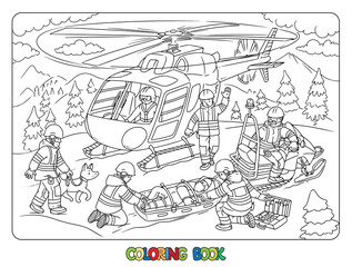 Rescue helicopter near the rescuers. Coloring book