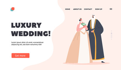 Luxury Wedding Landing Page Template. Traditional Arab Couple, Muslim Groom and Bride in Dress Holding Bouquet