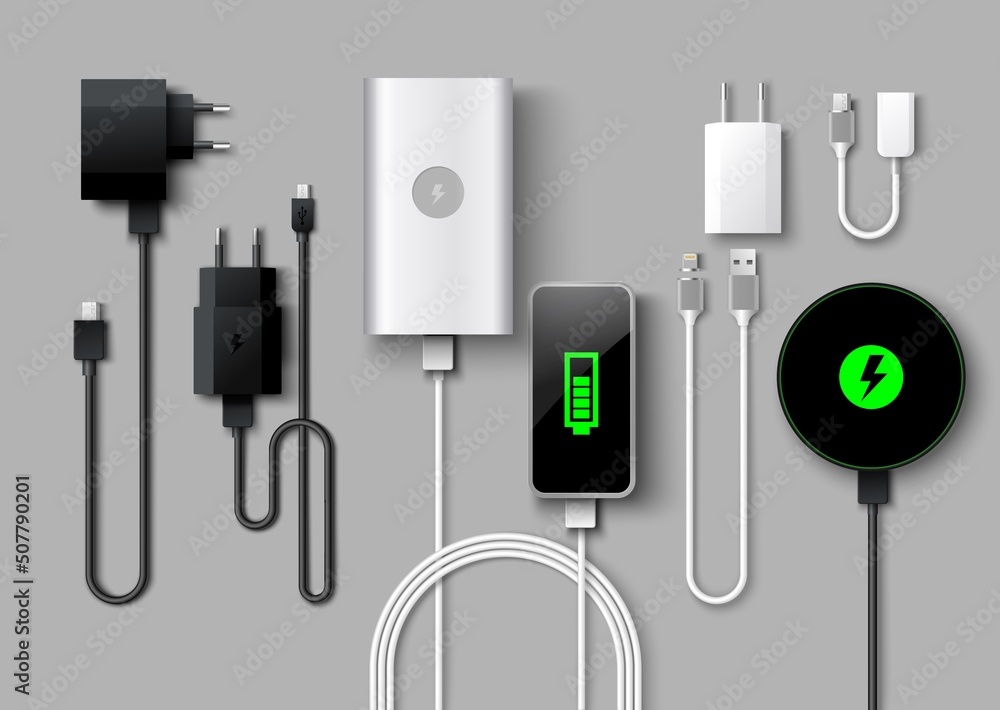 Wall mural Mobile phone charger supply realistic vector set