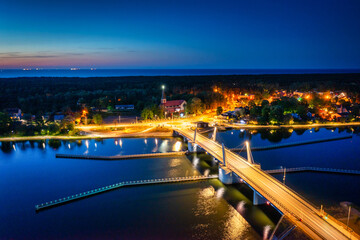 Drawbridge to Sobieszewo Island on the Martwa Wisla river at dusk. Poland