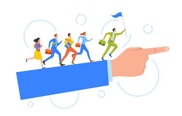 Business People Characters Run by Huge Hand with Index Finger Showing Direction. Business Team Leadership, Teamwork