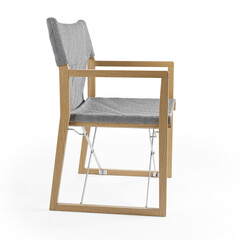 Outdoor Folding Chair with teak wooden frame, grey textured fabric and metal details, 3d rendering, side view