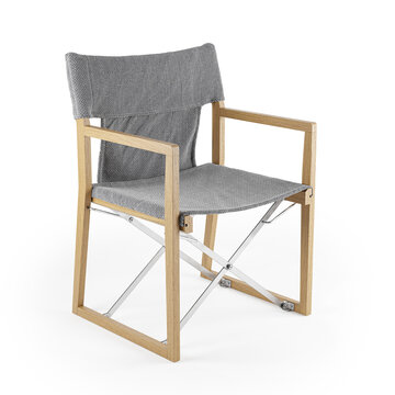 Outdoor Folding Chair with teak wooden frame, grey textured fabric and metal details, 3d rendering, front view