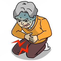 腹痛で座り込むシニア男性のイラスト