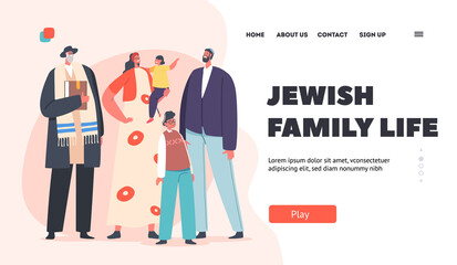Jewish Family Life Landing Page Template. Traditional Orthodox Jew Parents, Grandfather and Kids Characters