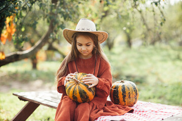 Autumn portrait of child on pumpkin patch on cold autumn day with a lot of pumpkins for halloween or thanksgiving. Child picking pumpkin at farm autumn season