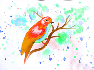 Orange - a parrot on a turquoise background. Watercolor illustration. Red tit on a sakura branch. Illustration of a bird on a branch with blue flowers. watercolor technique. Delicate watercolor. sprin