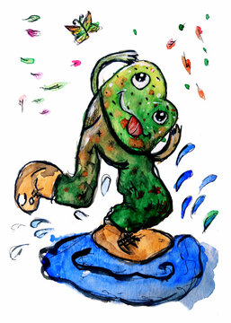 A watercolor illustration of a mischievous frog. A mischievous frog steps into a puddle with his shoe. Blot illustration. A tadpole is playing around, autumn leaves are falling, butterflies are flying