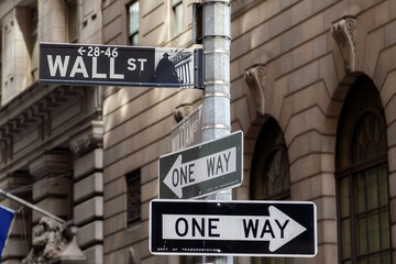 Wall Street and one way signs in New York City.