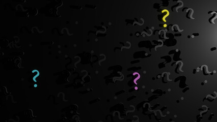 Spreading colorful question mark on black wall (3D Rendering)