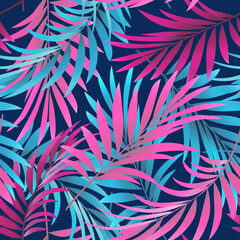 Bright seamless pattern with tropical leaves and flowers. Banana leaf template for printing on fabric, textile, paper. Exotic jungle pattern. Palm leaves, orchid. Paradise tropical forest