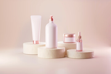 Minimal Cosmetics packaging set and pink serum and moisturizer mock-up 3d illustration for an ad, and banner.