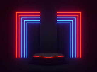 3D rendered black geometric podium with red and blue neon lights.