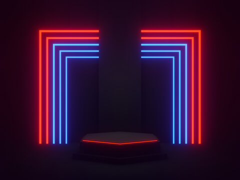 3D rendered black geometric podium with red and blue neon lights.