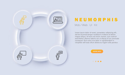 Online learning set icon. Couple, teacher, conference, lesson, students, textbook, teaching, study. Education concept. Neomorphism style. Vector line icon for Business and Advertising