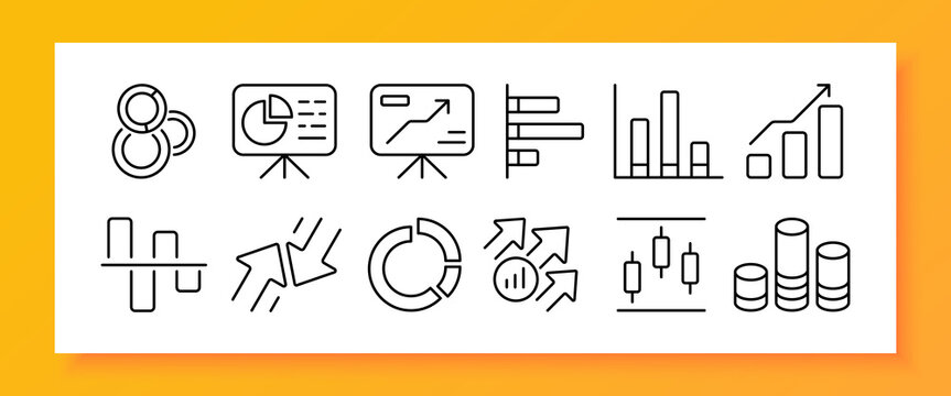 Infographic set icon. Dagram, board, tables, columns, analytics, arrows, circles, statistics, tracking. Data analysis concept. Vector line icon for Business and Advertising