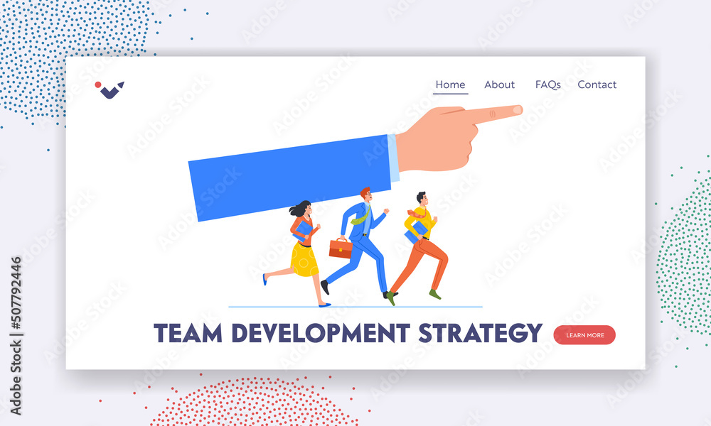 Poster team development strategy landing page template. business team run by direction showing with huge in