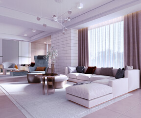 3d rendering,3d illustration, Interior Scene and  Mockup,Living room in modern style with a large sofa set in white, beige and brown tones.