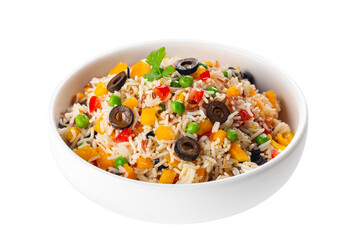 Rice Salad with fresh vegetables, bell bebber, tomato, green pea, black olives and olive oil,  isolated on white background.